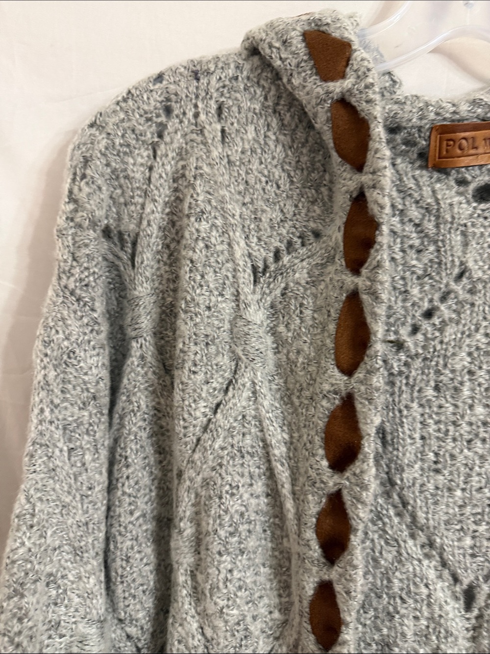 POL Light Gray Open Cable-Knit Cardigan with Brown Elbow Patches - Picture 6 of 16
